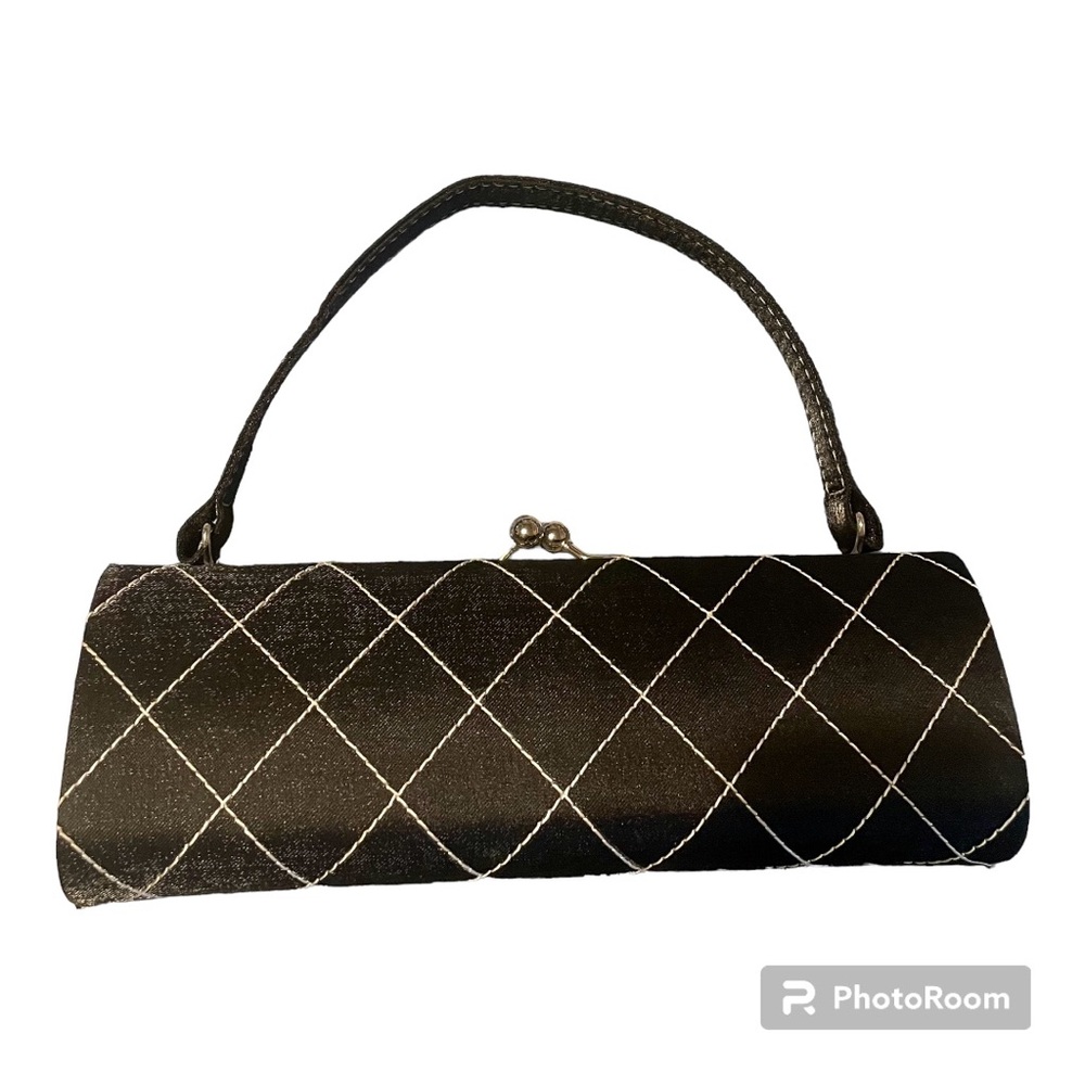 Evening bag - black iridescent w/ diamond stitching - silver tone metal accents
